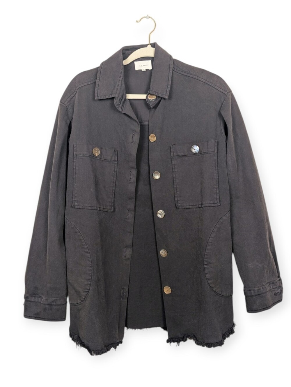 RG Kane Black Graphic Utility Jacket Oasis Cali Frayed Hem Button Front Size S